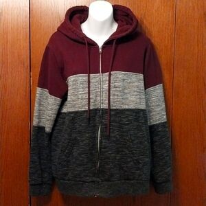 ESSTIVE MAROON AND HEATHERED HORIZONTAL STRIPED COLOR BLOCK HOODIE size large